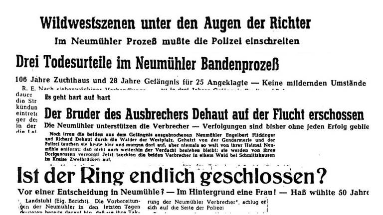 Schlagzeilen aus verschiedenen Zeitungen zum Neumühler Banden-Prozess 1949 (Foto: SWR, SWR -)