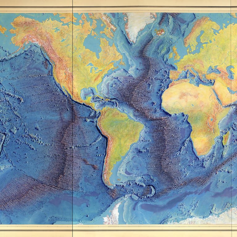 Manuscript painting of Heezen-Tharp "World ocean floor" map by Berann (um 1977): Das Relief wird durch Landformzeichnungen, Schattierungen und Farbverläufe dargestellt. Tiefen werden durch Landformzeichnungen, Schattierungen, Farbverläufe und Sondierungen angezeigt