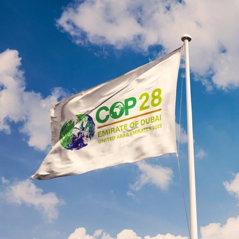 Flagge der COP28-Klimakonferenz. 