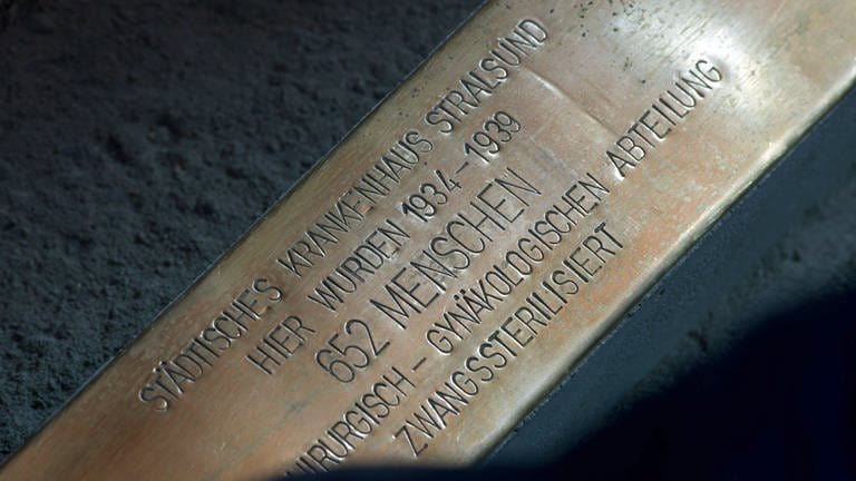 Eine Stolperschwelle gedenkt der 652 Frauen und Männer, die zwischen 1934 und 1939 im Städtischen Krankenhaus Stralsund unfruchtbar gemacht wurden