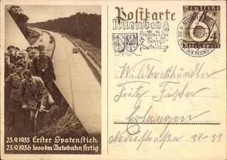 Hitler beim Autobahn-Spatenstich: Der erste Spatenstich 1933 als Postkarte bzw. Ganzsache (ca. 1935) (Foto: IMAGO, IMAGO / Arkivi) Hitler beim Autobahn-Spatenstich: Der erste Spatenstich 1933 als Postkarte bzw. Ganzsache (ca. 1935)