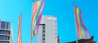 Das Bild zeigt Regenbogen-Flaggen vor dem SWR Funkhaus (Foto: SWR) Das Bild zeigt Regenbogen-Flaggen vor dem SWR Funkhaus