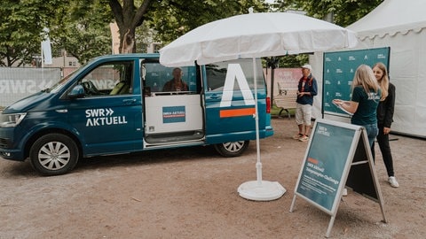 Selbst mal vom Teleprompter ablesen und Nachrichten sprechen? Das ging bei der Teleprompter-Challenge auf dem SWR Sommerfestival in Stuttgart (Foto: SWR, Zimmermann)