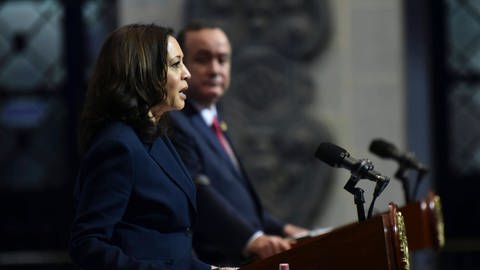 US-Vizepräsidentin Kamala Harris und Guatemalas Präsident Alejandro Giammattei bei einer Pressekonferenz im Juni 2021, Guatemala 