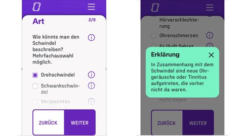Bildschirmansicht: Die kostenlose „Schwindel App“ ermöglicht in wenigen Minuten eine erste Selbstanamnese bei Schwindel