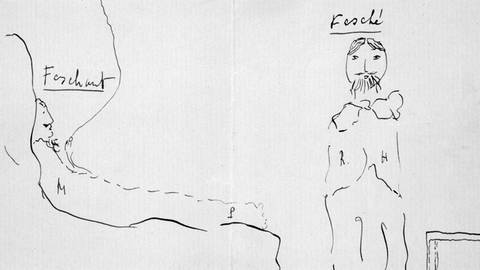 Selbstportrait mit Reynaldo Hahn gezeichnet von Marcel Proust, liegend ist Proust, stehend Hahn