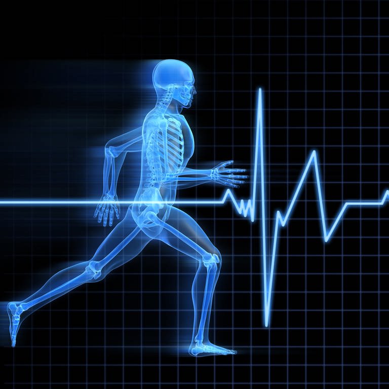 Ein illustriertes Skelett joggt. Im Hintergrund befindet sich die Aufnahme eines Herzschlags.